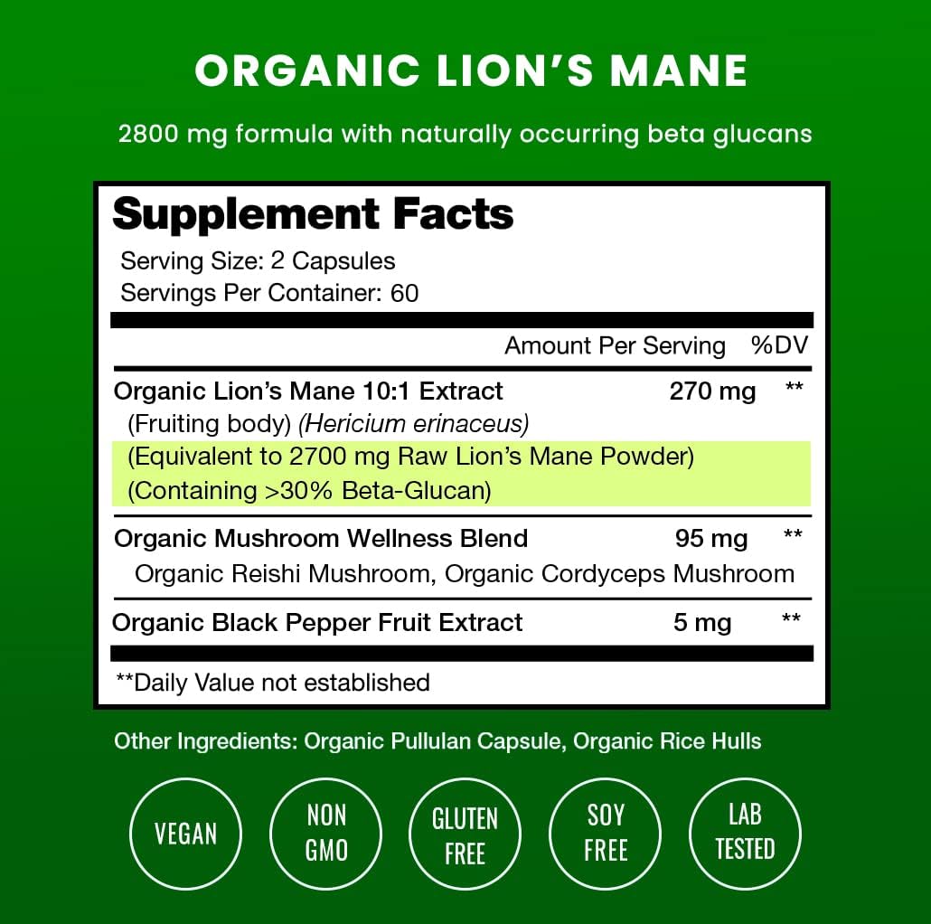 Organic Lions Mane Mushroom Supplement 120 count