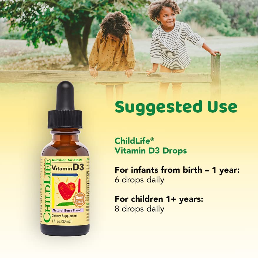 CHILDLIFE ESSENTIALS Vitamin D3 - Vitamin D Drops for Kids, 500 IU 1 Fl Oz Bottle (Pack of 2)