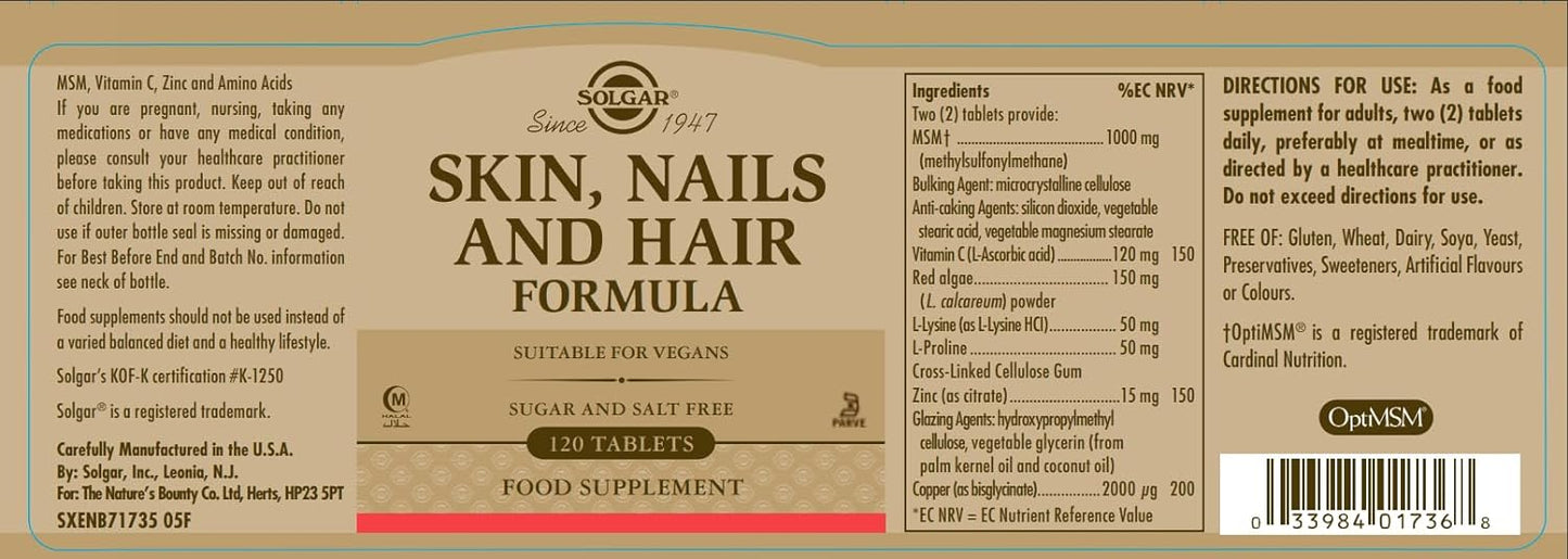 Solgar Skin, Nails & Hair, Advanced MSM Formula, 120 Tablets