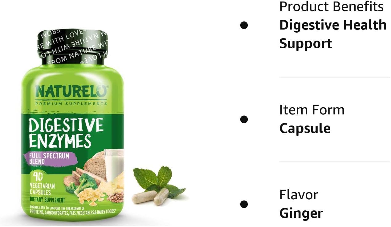 NATURELO Digestive Enzymes - Full Spectrum Support with a Broad Blend of 15 Enzymes Plus Ginger - 90 Vegan Capsules