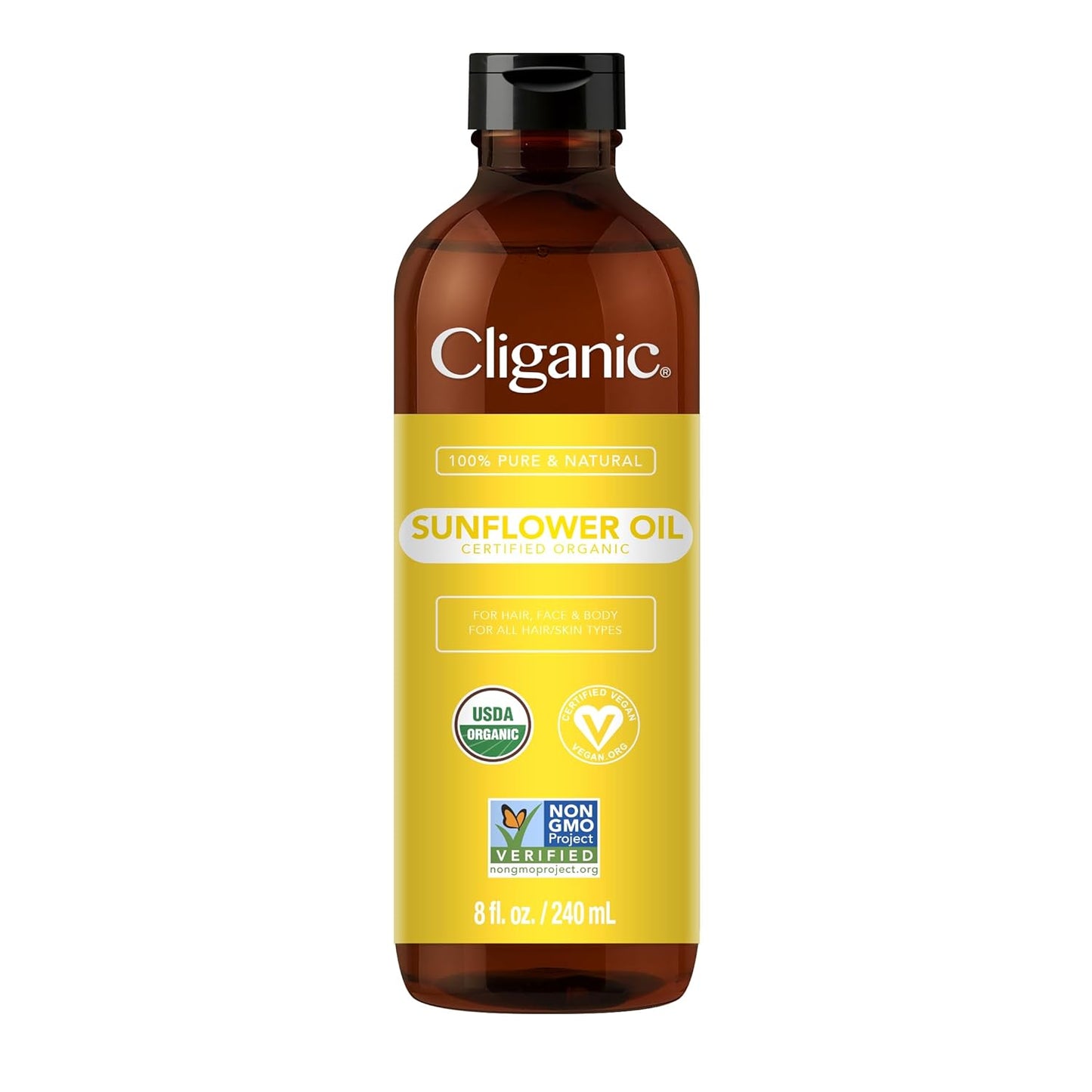 Cliganic Organic Sunflower Oil, 100% Pure (8oz) - For Skin, Hair & Face