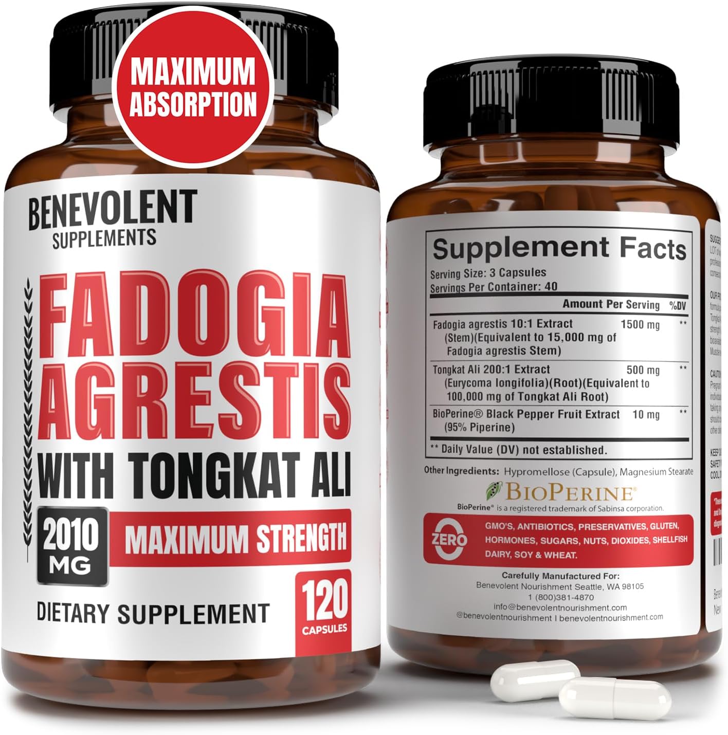 Fadogia Agrestis 1500mg [Highest Purity] + BioPerine® for High Absorption Supplement- 120 Capsules