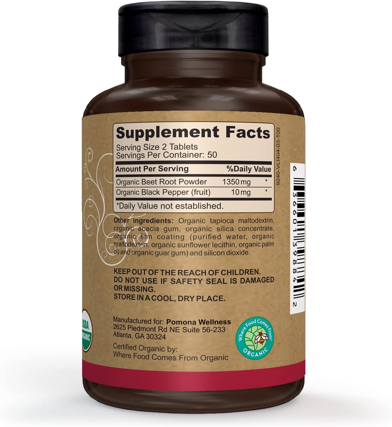 Pomona Wellness Beet Root Supplement Powder 1350mg, 100 Tablets