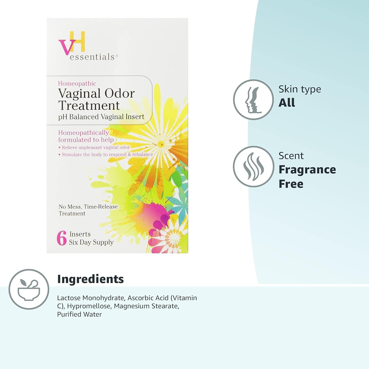 vH essentials Vaginal Odor Treatment - pH Balanced Vaginal Suppositories - 6 Tablets