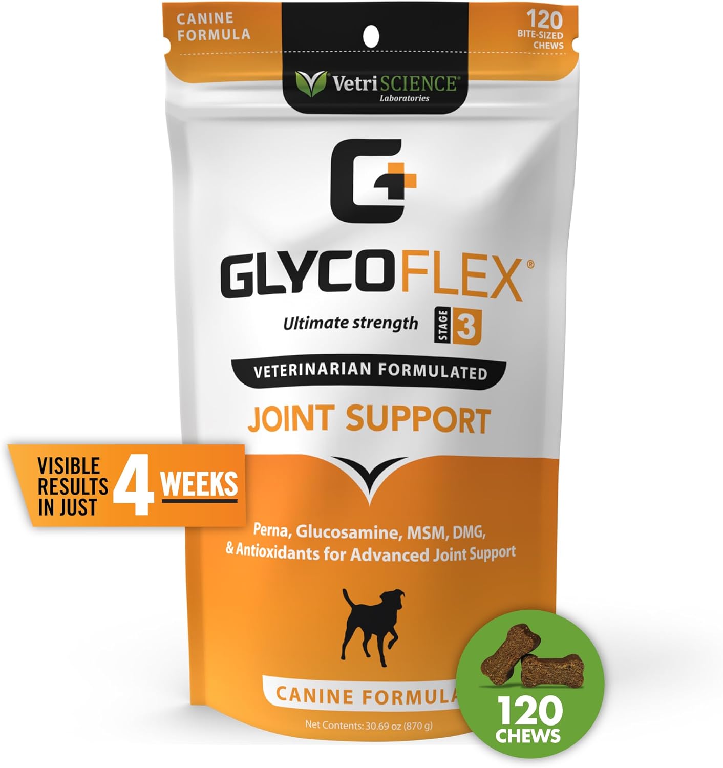 VetriScience Glycoflex 3 Clinically Proven Hip and Joint Supplement for Dogs- 120 Chews, Chicken Flavor