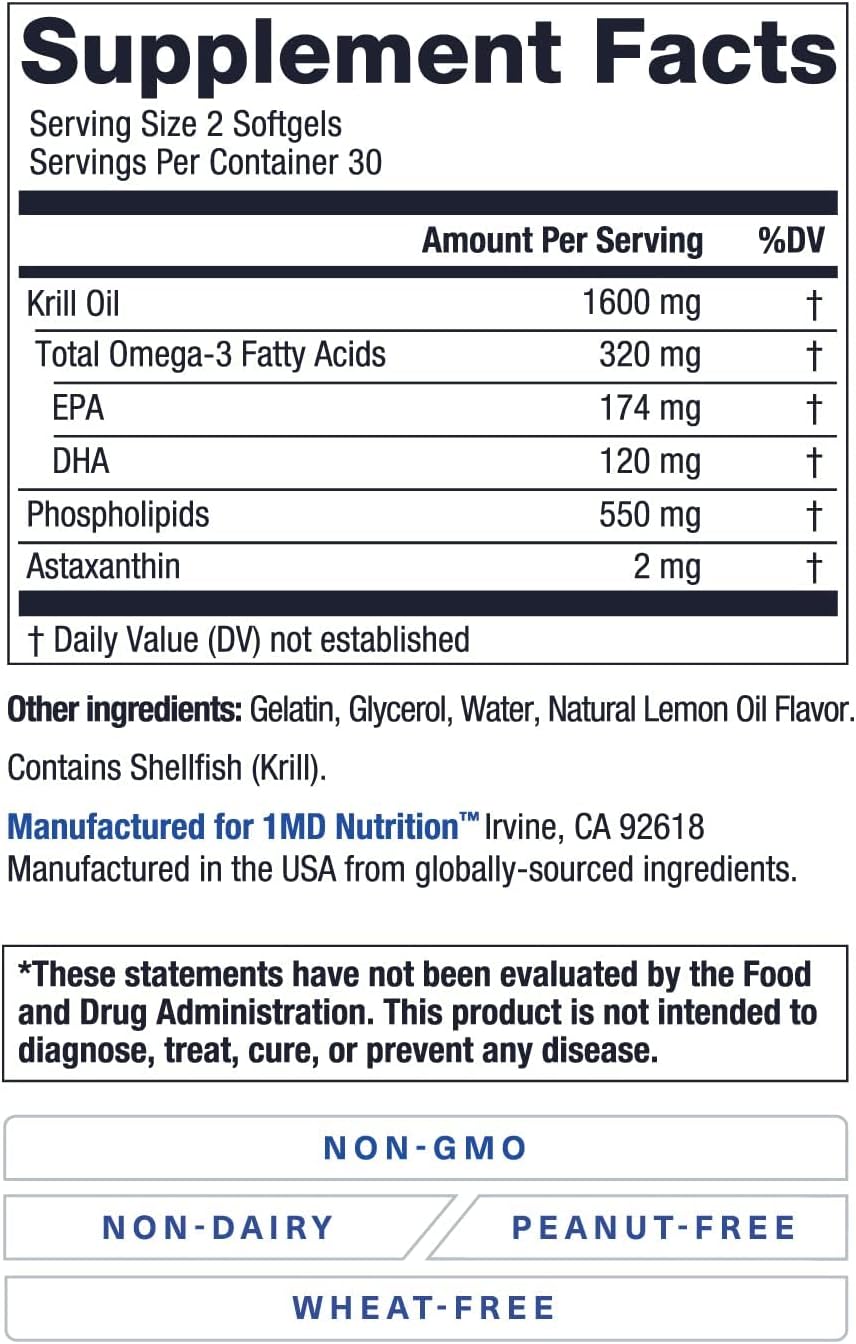 1MD Nutrition KrillMD - Antarctic Krill Oil Omega 3 Supplement 60 Softgels