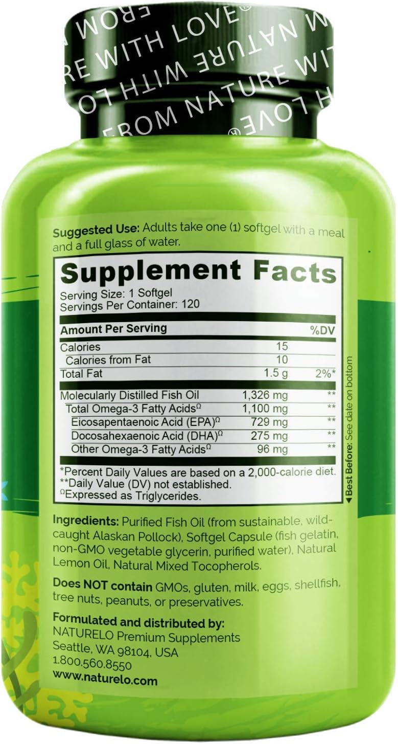 NATURELO Omega-3 Fish Oil Supplement - EPA + DHA - 1100 mg Triglyceride Omega-3 per Gel - 120 count