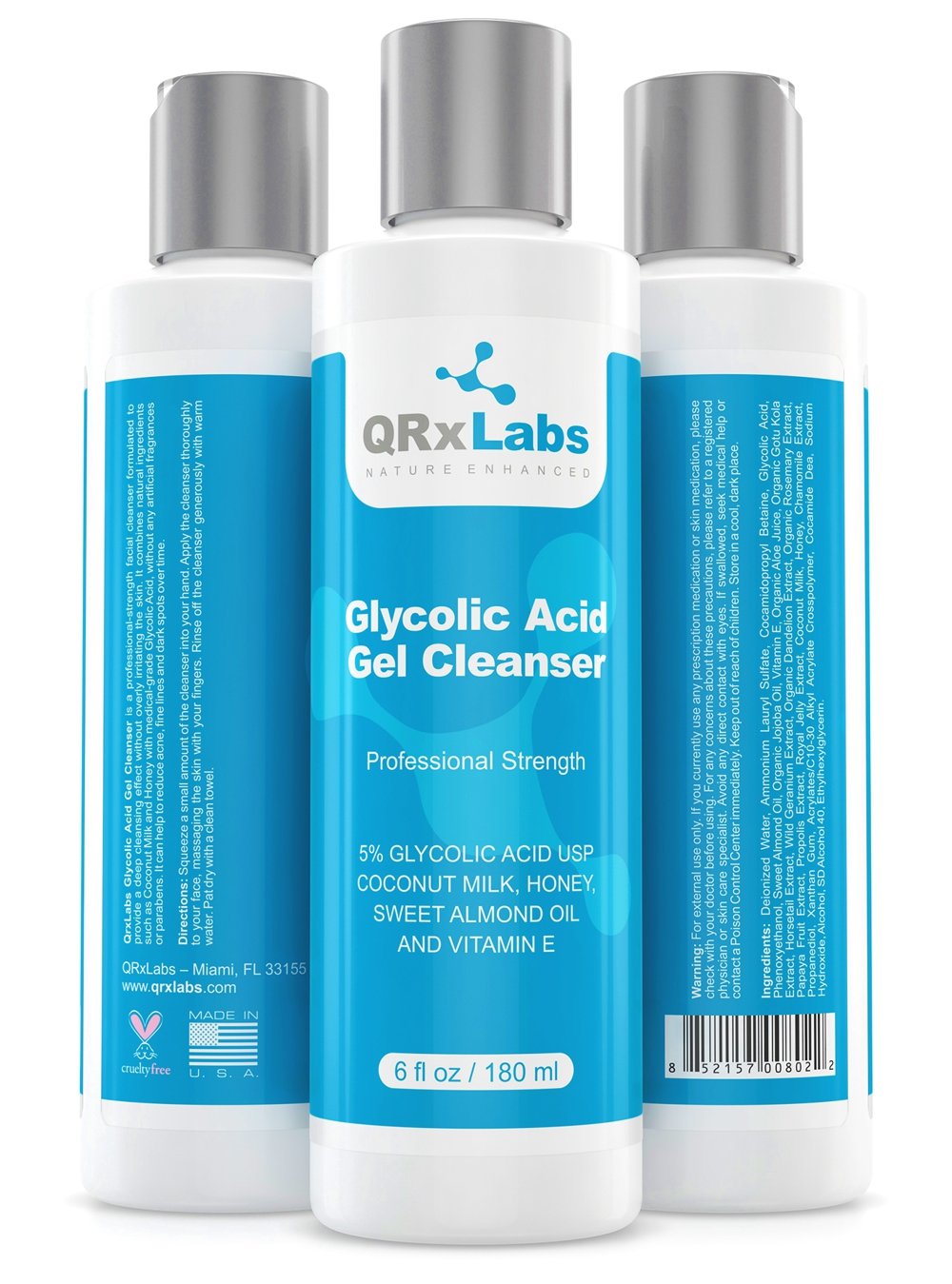 QRxLabs Glycolic Acid Face Wash -Exfoliating Gel Cleanser, Best for Wrinkles