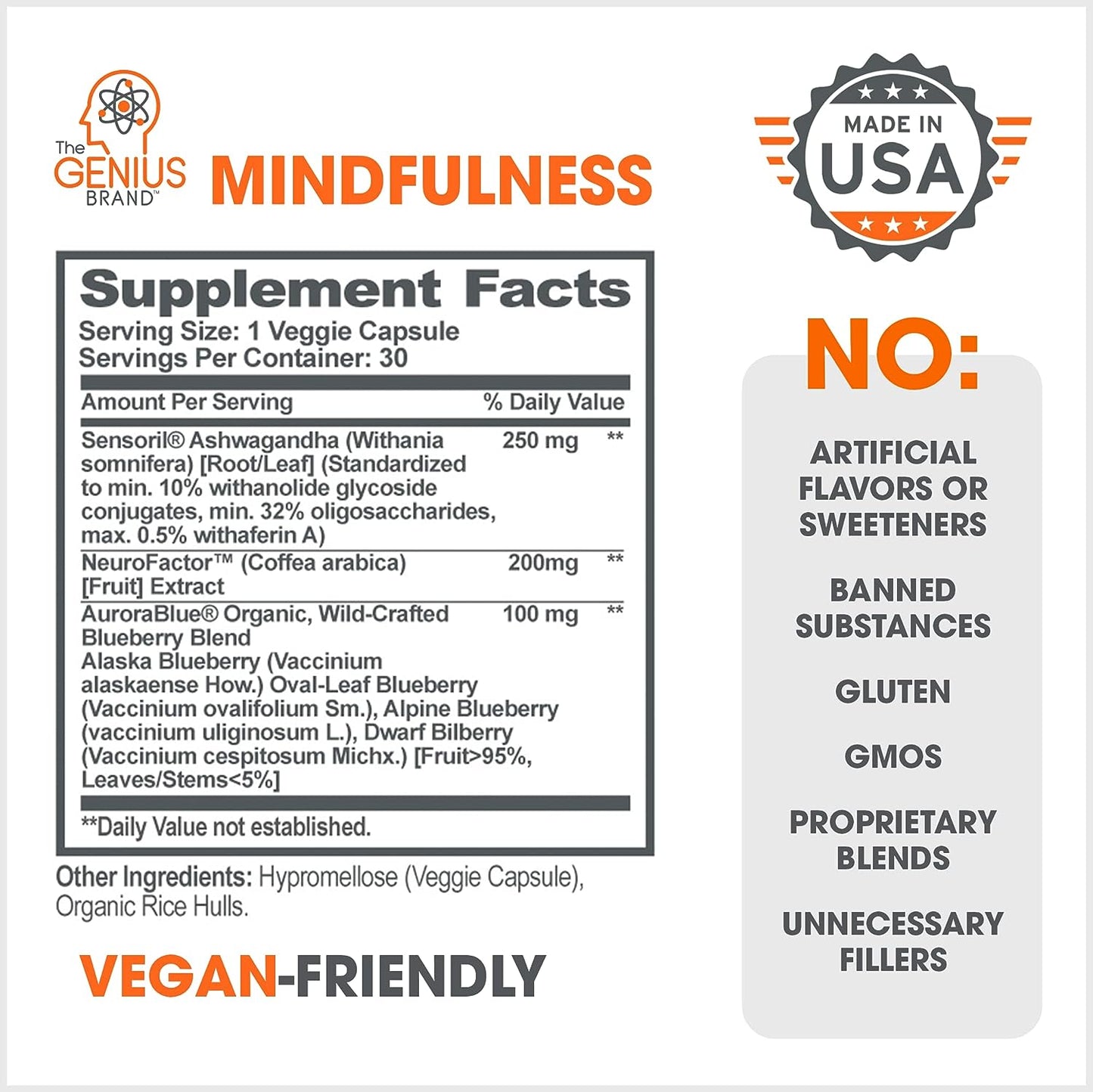 Genius Mindfulness Supplement, Nootropic Cognitive Brain Booster Enhances Memory 30 count