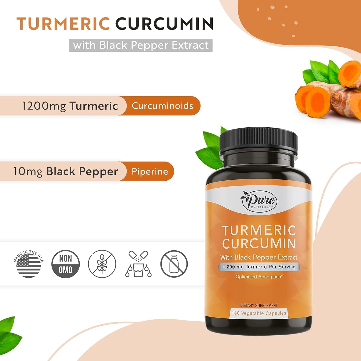 Pure By Nature Turmeric Curcumin with Black Pepper Extract 180 Capsules