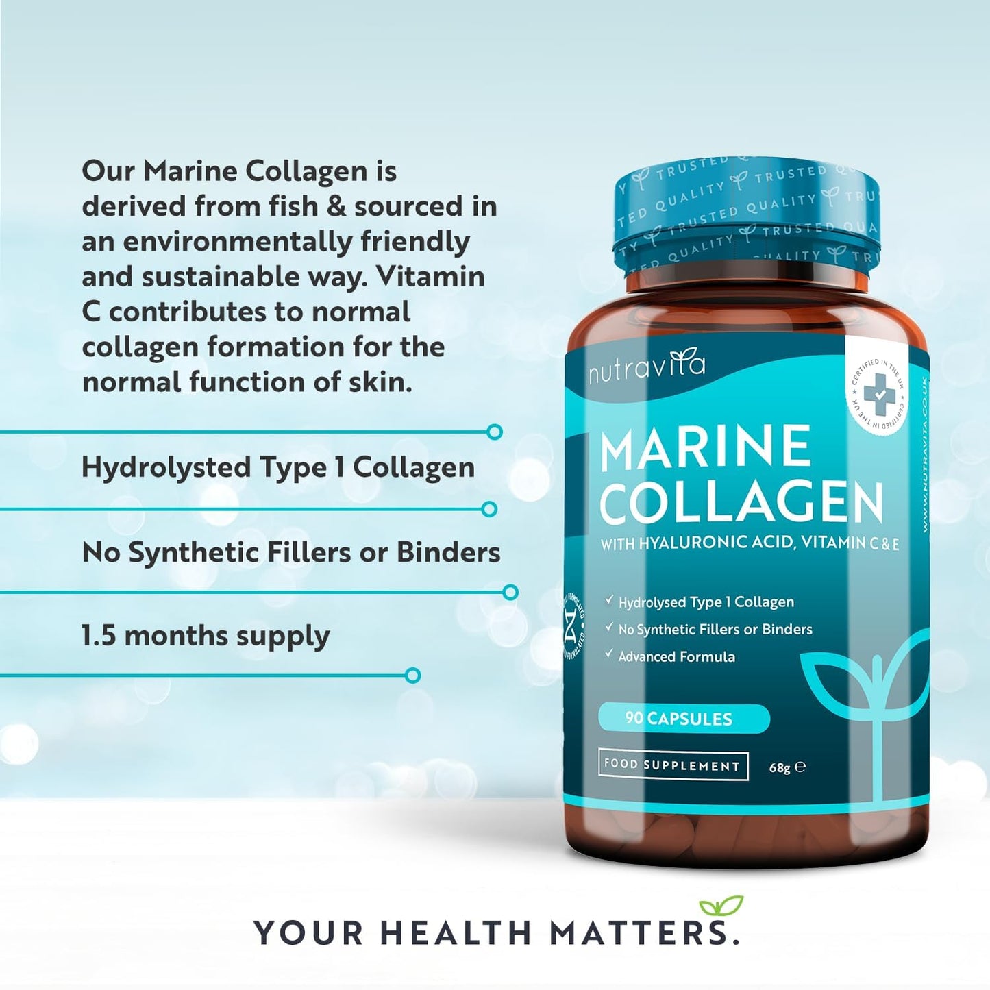 Marine Collagen  Hyaluronic Acid Vitamin C, Vitamin E - 90  Capsules