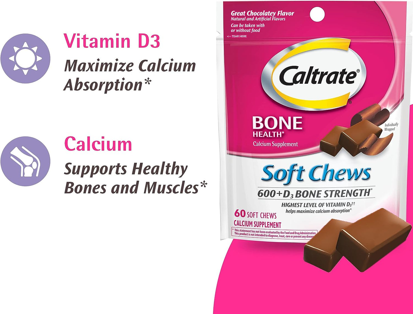 Caltrate Soft Chews 600 Plus D3 Calcium Vitamin D 60 Count