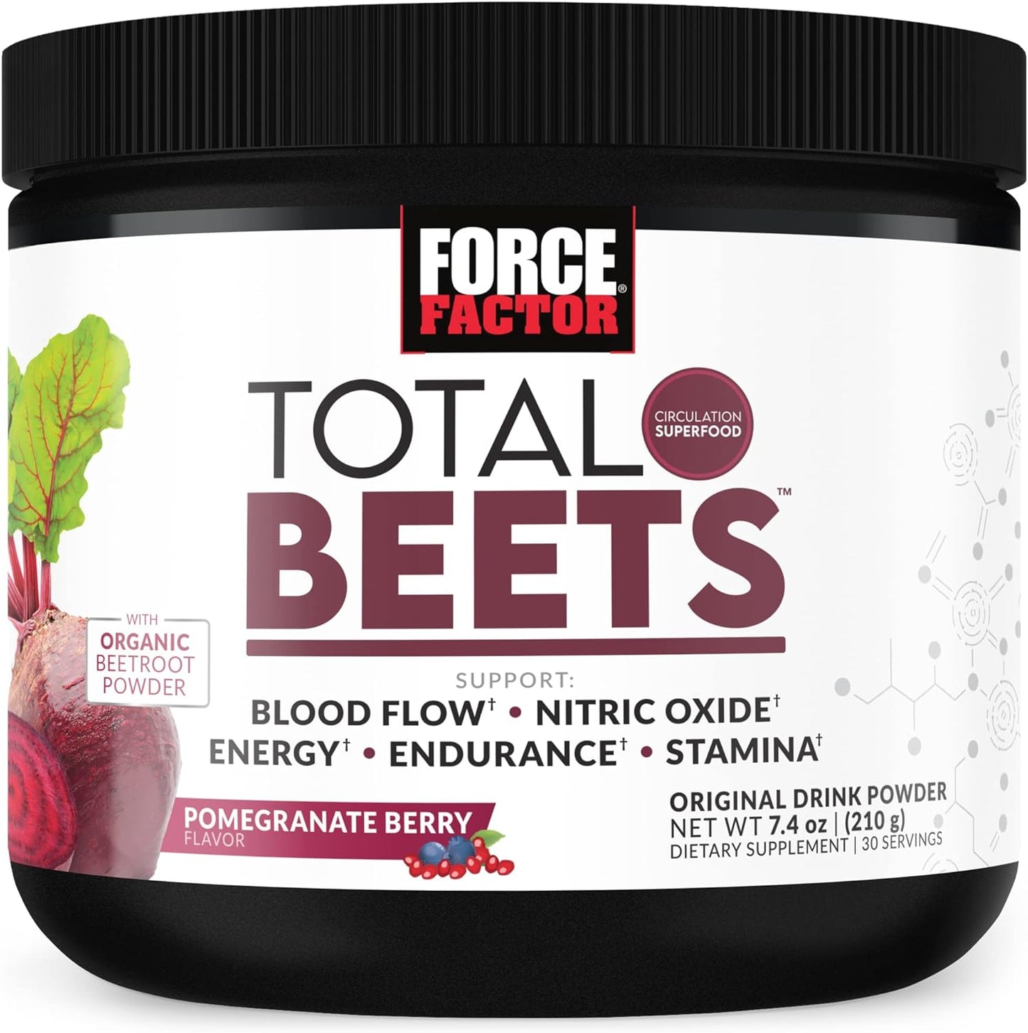 Force Factor Total Beets Drink Mix Superfood Powder with Nitrates to Support Circulation, 30 servings 7.4OZ