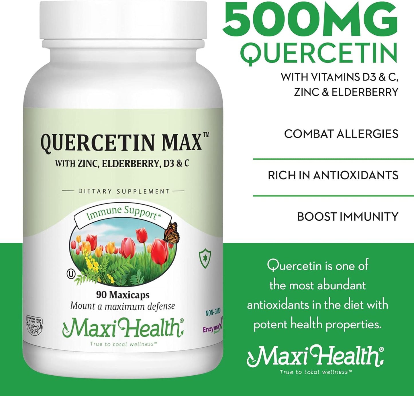 Maxi Health Quercetin 500mg with Zinc 30mg, Vitamin C 1000mg, Vitamin D 2500 IU, Elderberry 125mg -90 capsules