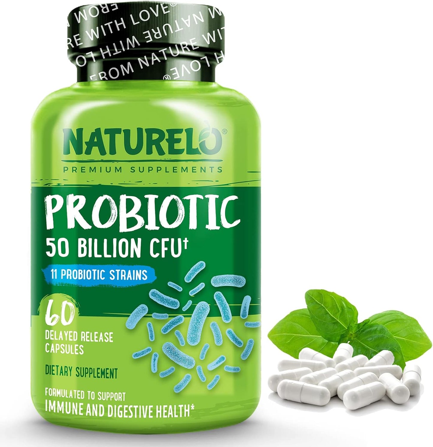 NATURELO Probiotic Supplement - 50 Billion CFU - 11 Strains - 60 capsules