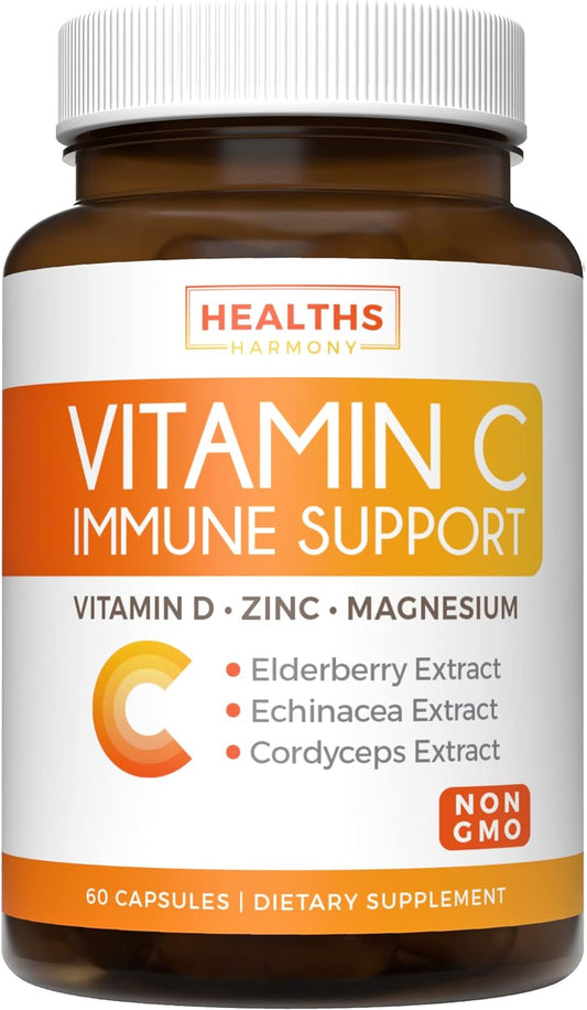 Immune Support Supplement  Elderberry Vitamin C 60 Vegetarian Capsules