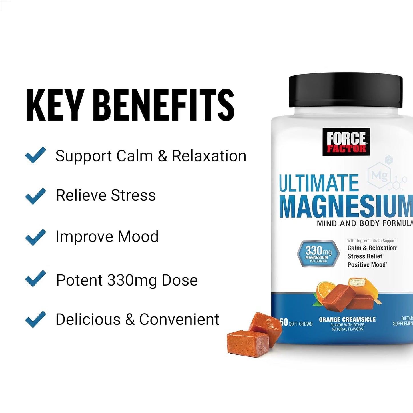 Force Factor Ultimate Magnesium Supplement, Magnesium for Sleep, Stress Relief 60 soft chews