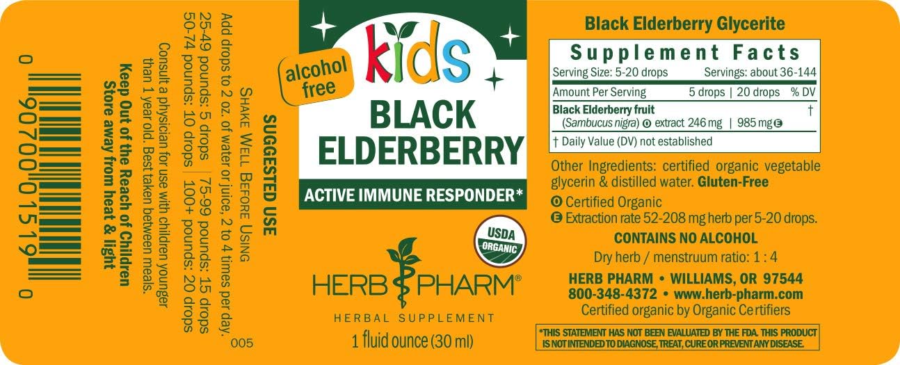 Herb Pharm Kids Organic Alcohol-Free Black Elderberry Glycerite Liquid Extract, 1 Ounce