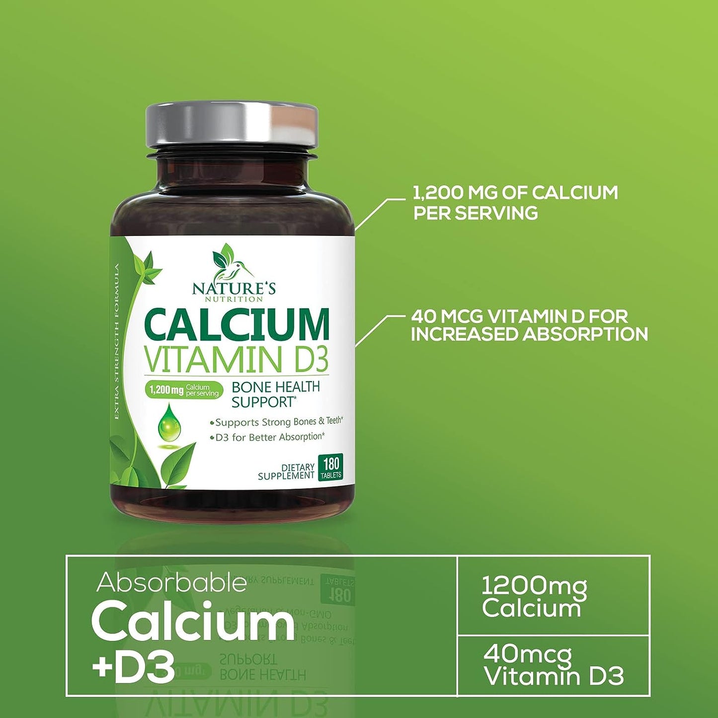 Calcium 1200 mg Plus Vitamin D3, Bone Health & Immune Support - 180 Tablets