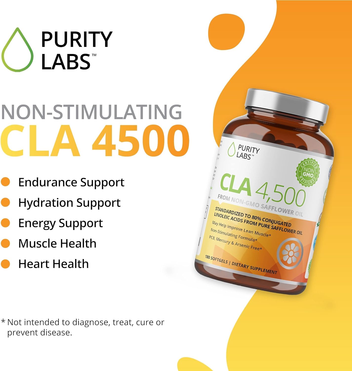 Purity Labs CLA Supplements 4500MG - Non-GMO Safflower Oil - 180 Soft gels