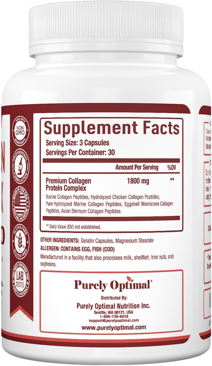 Purely Optimal Premium Multi Collagen Peptides (Types I, II, III, V, X) - 90 Capsules