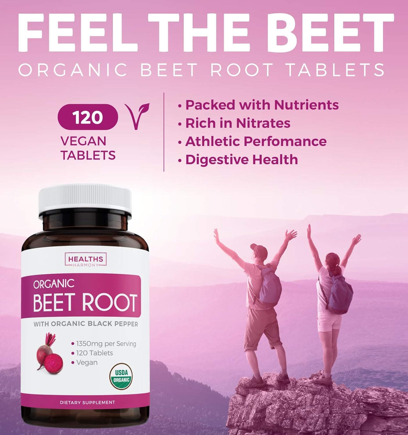 USDA Organic Beet Root Powder (120 Tablets) 1350mg Beets Per Serving with Black Pepper for Extra Absorption