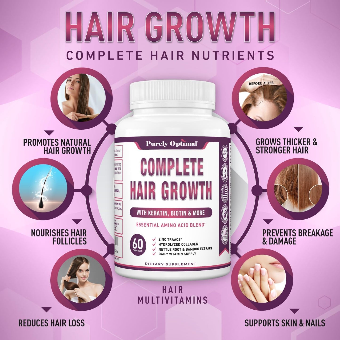 Premium Hair Growth Vitamins w/Biotin & Keratin  60 Capsules