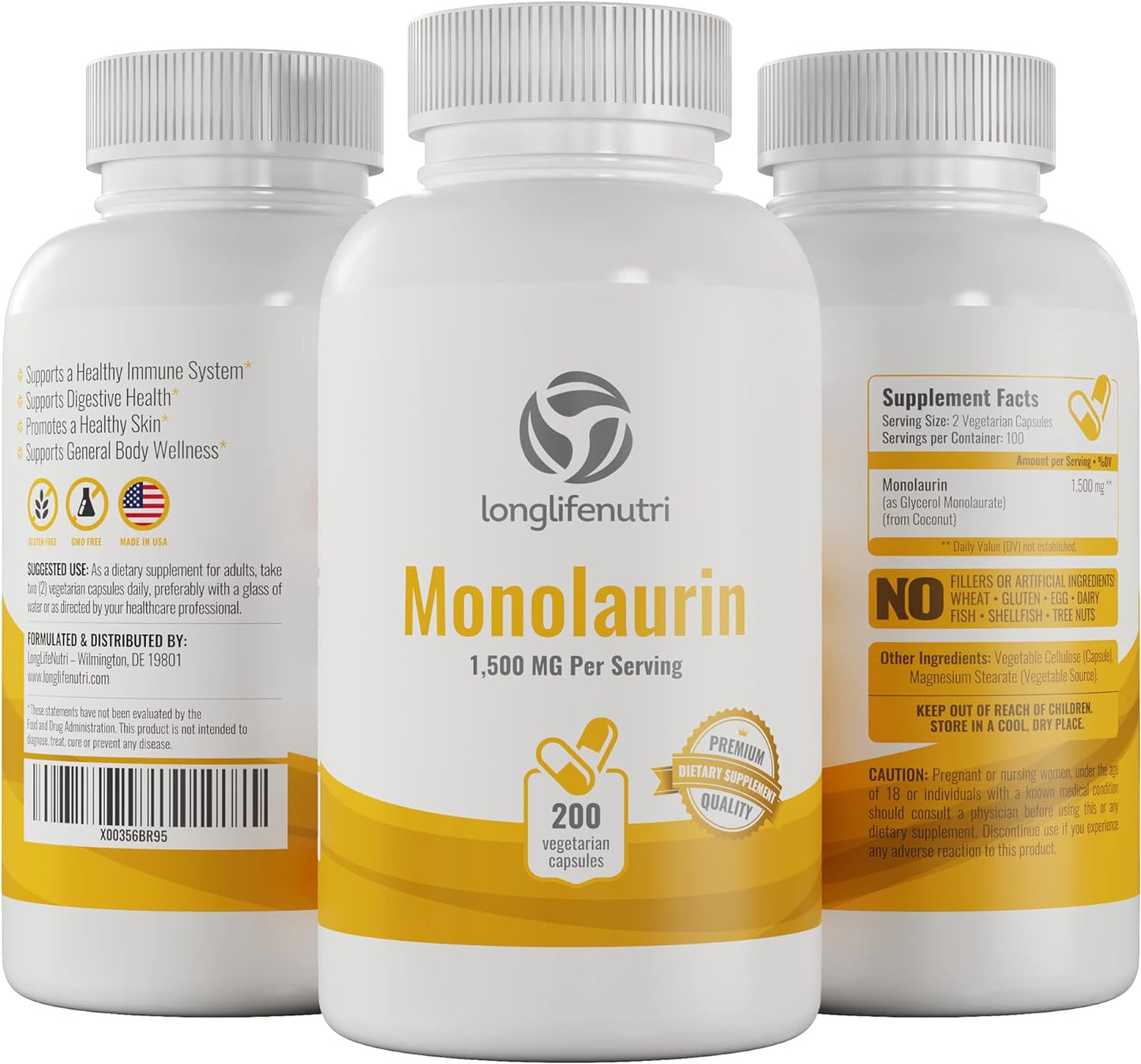 Monolaurin Supplement  200 Vegetarian Capsules