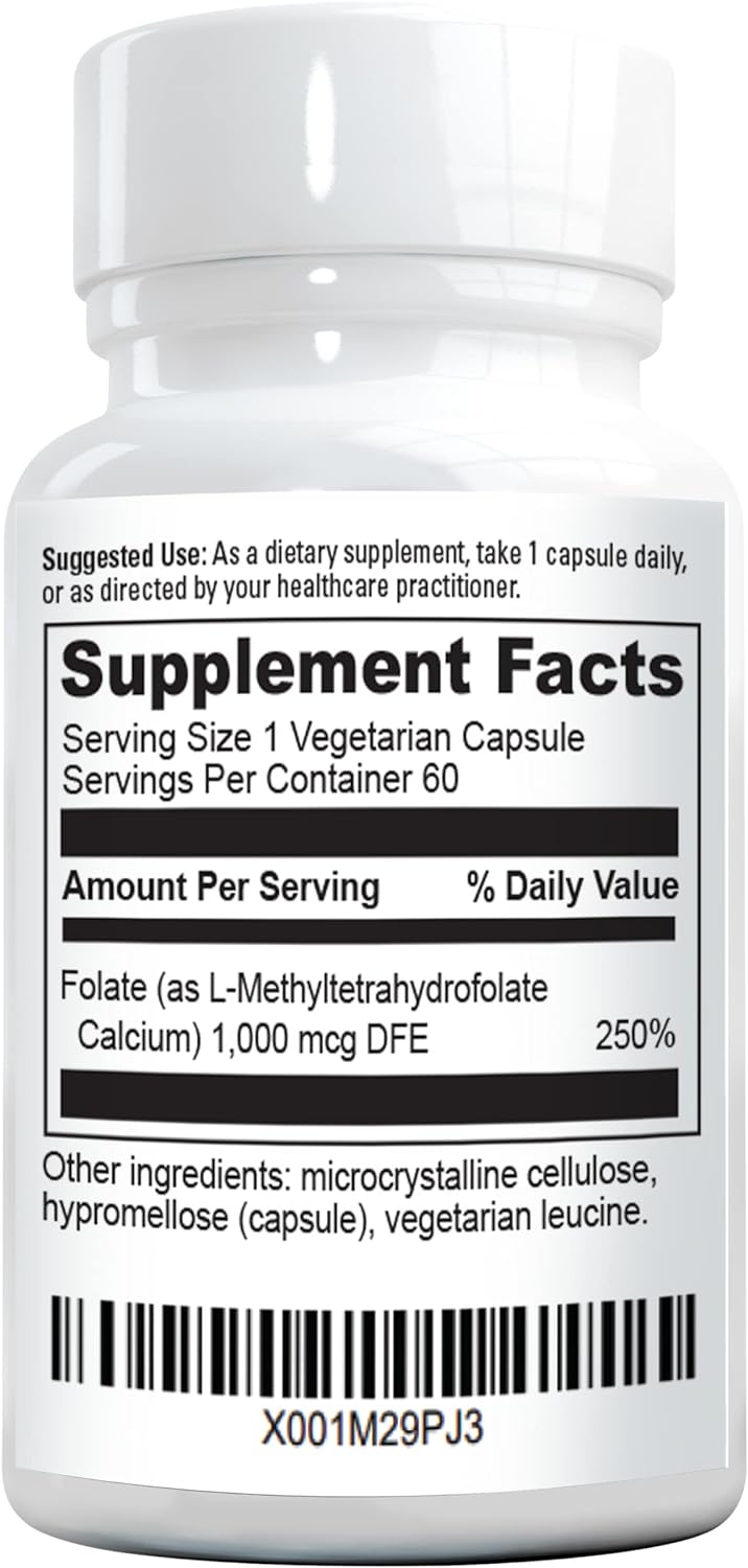 Methylfolate MTHRF Supplement - 1000 mcg Bioactive Vitamin B9 (5-MTHF) - Supports Pregnancy & Fetal Health - 60 Capsules