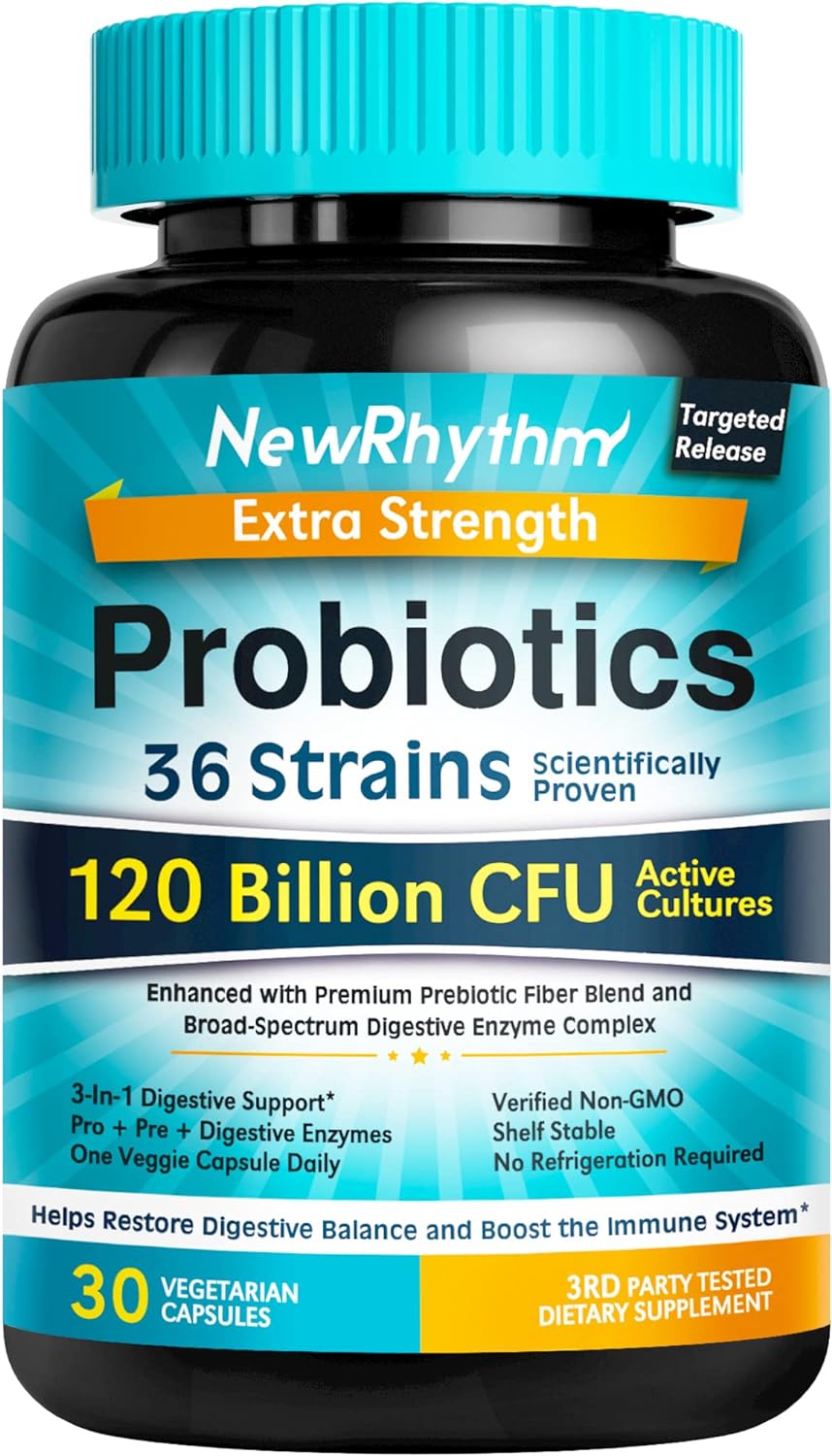 NewRhythm Probiotics 120 Billion CFU 36 Strains, 3-in-1 Digestive & Immune Support with Prebiotics & Enzymes- 30capsules