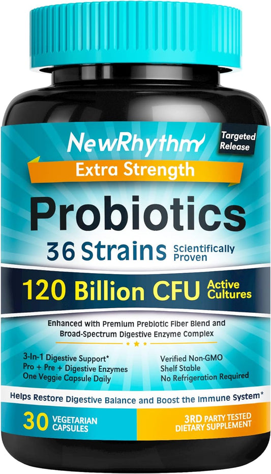 NewRhythm Probiotics 120 Billion CFU 36 Strains, 3-in-1 Digestive & Immune Support with Prebiotics & Enzymes- 30capsules