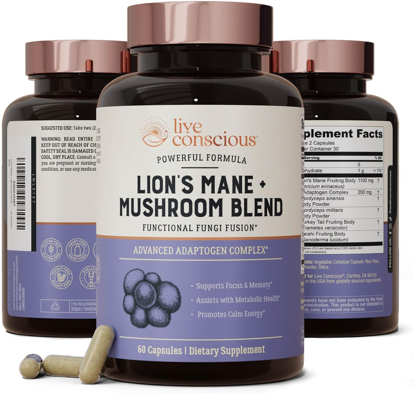 Live Conscious Lions Mane Mushroom Supplement Capsules for Brain Support - 60 capsules