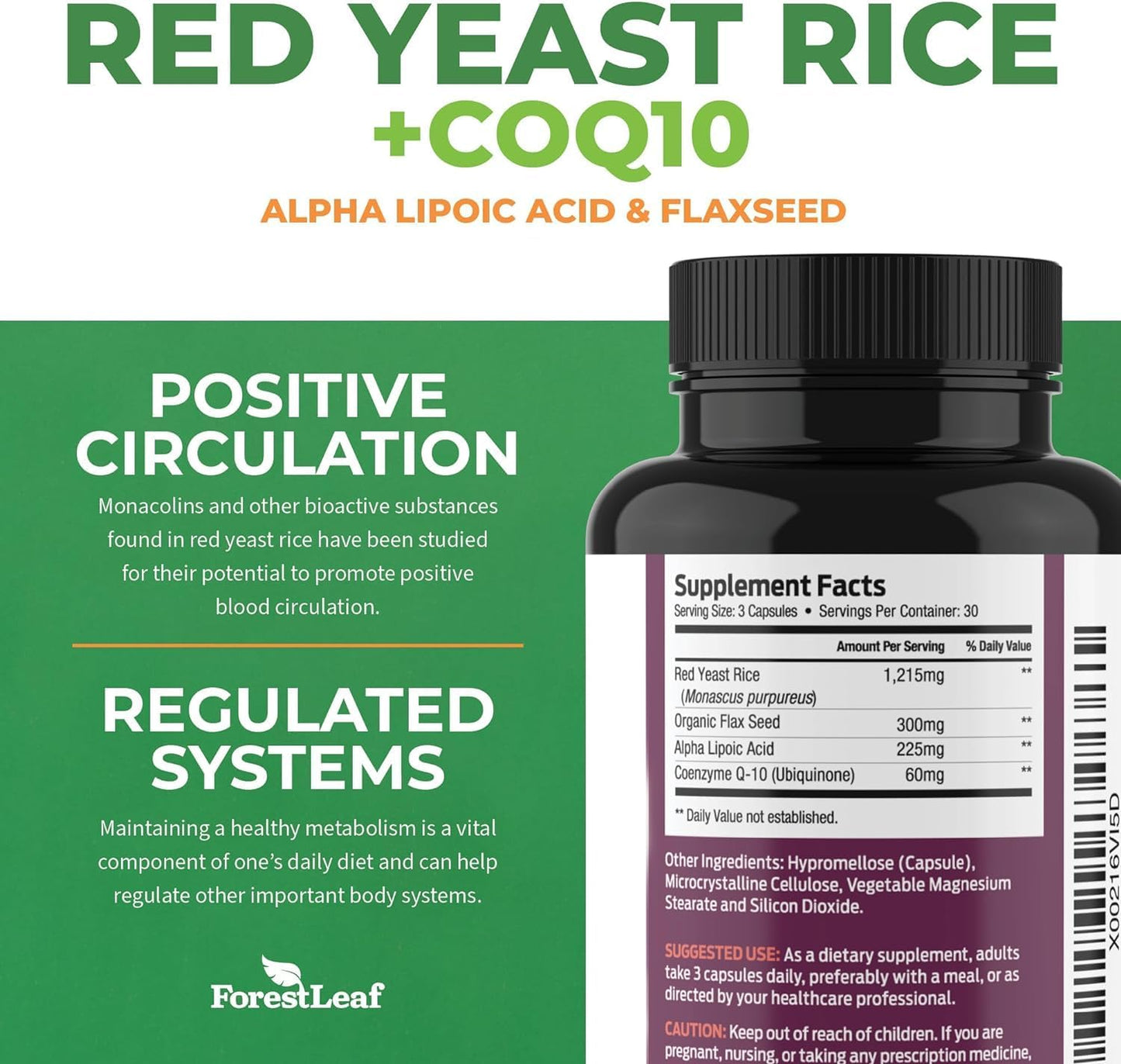 ForestLeaf Red Yeast Rice Care with COQ-10 and Organic Flaxseed - 1215mg