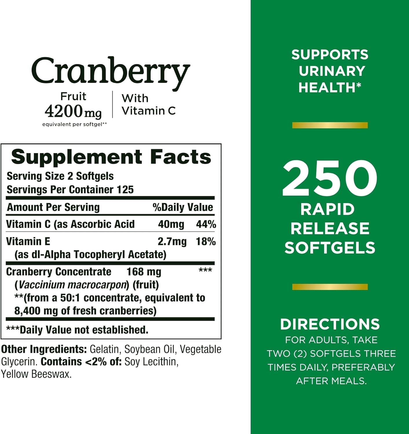 Nature's Bounty Cranberry 4200mg With Vitamin C , 250 Rapid Release Softgels