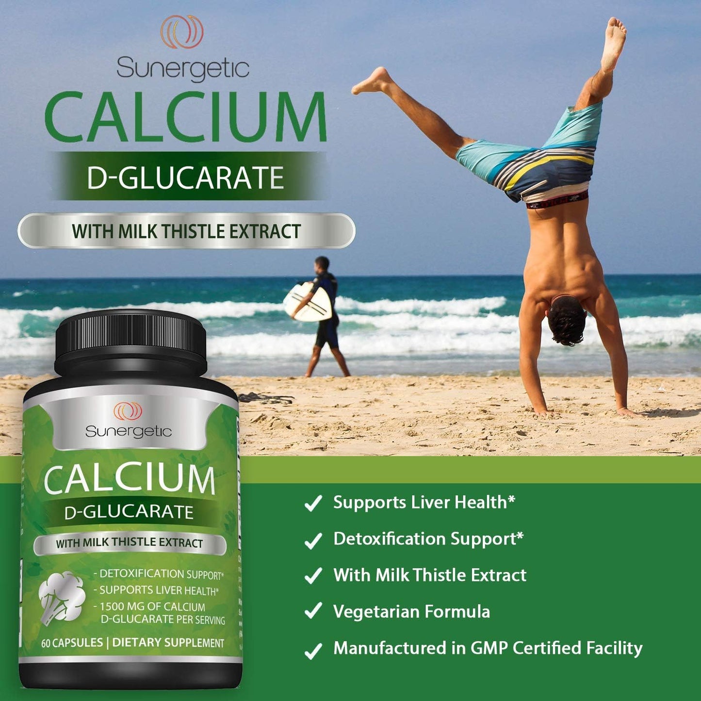 Sunergetic Premium Calcium D-Glucarate Supplement with Milk Thistle Extract  -60 Capsules