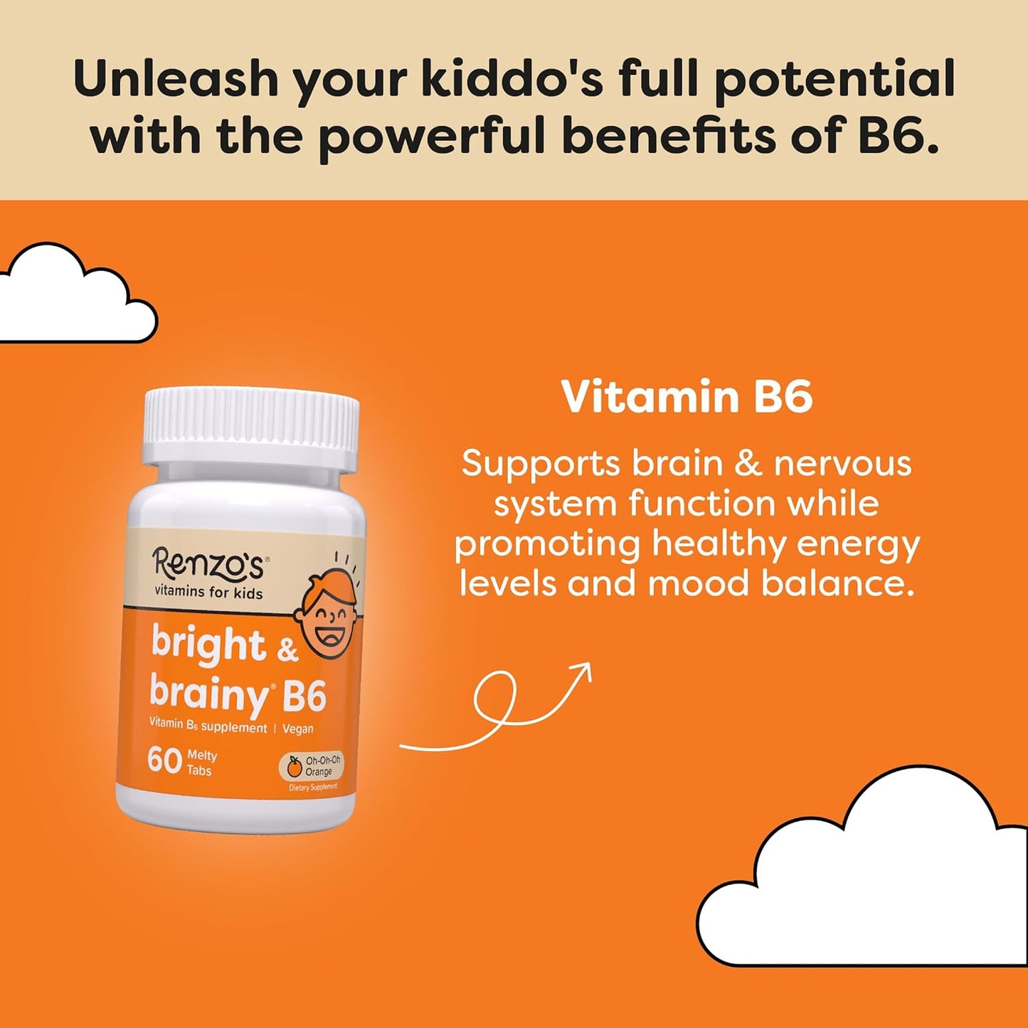 Renzo's Bright & Brainy Vitamin B6 - Dissolving Kids 60 Sugar-Free Melty Tabs