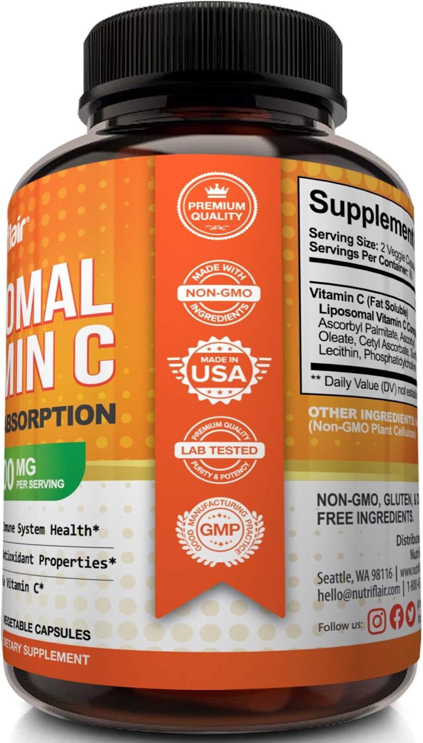 NutriFlair Liposomal Vitamin C 1600mg- High Absorption, Fat Soluble VIT C, Antioxidant Supplement  180 capsule