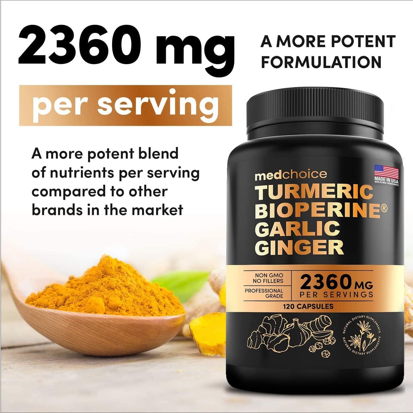 4-in-1 Turmeric and Ginger Supplement with Bioperine 2360 mg (120 ct)