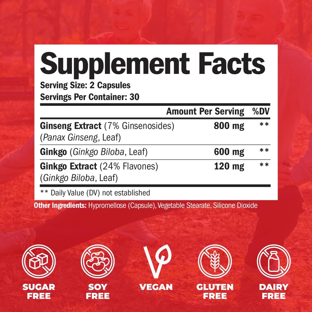 Ginseng + Ginkgo Biloba Supplements. Extra Strength Nootropics Brain Support 120mg