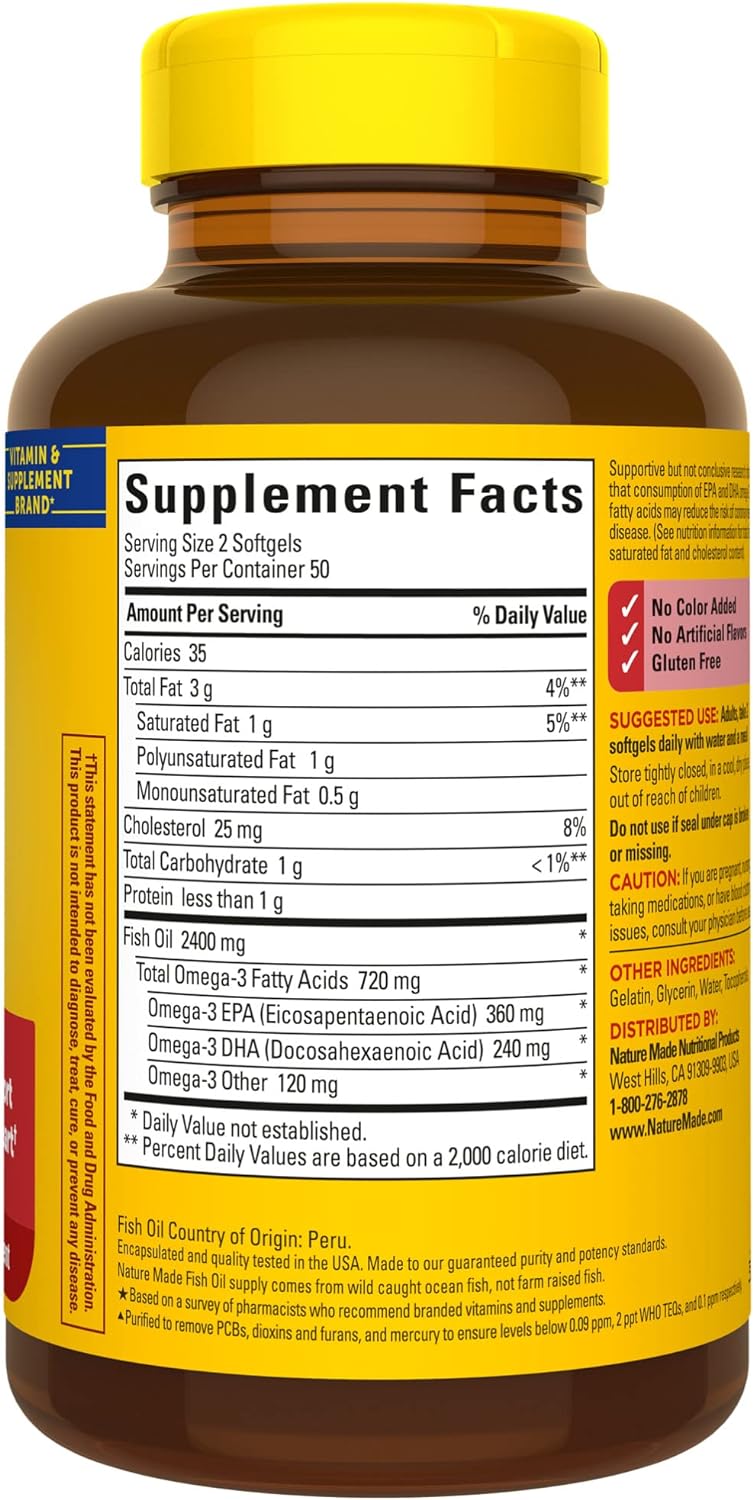 Nature Made Fish Oil 1200 mg Softgels, Omega 3 Supplements, 100 softgels