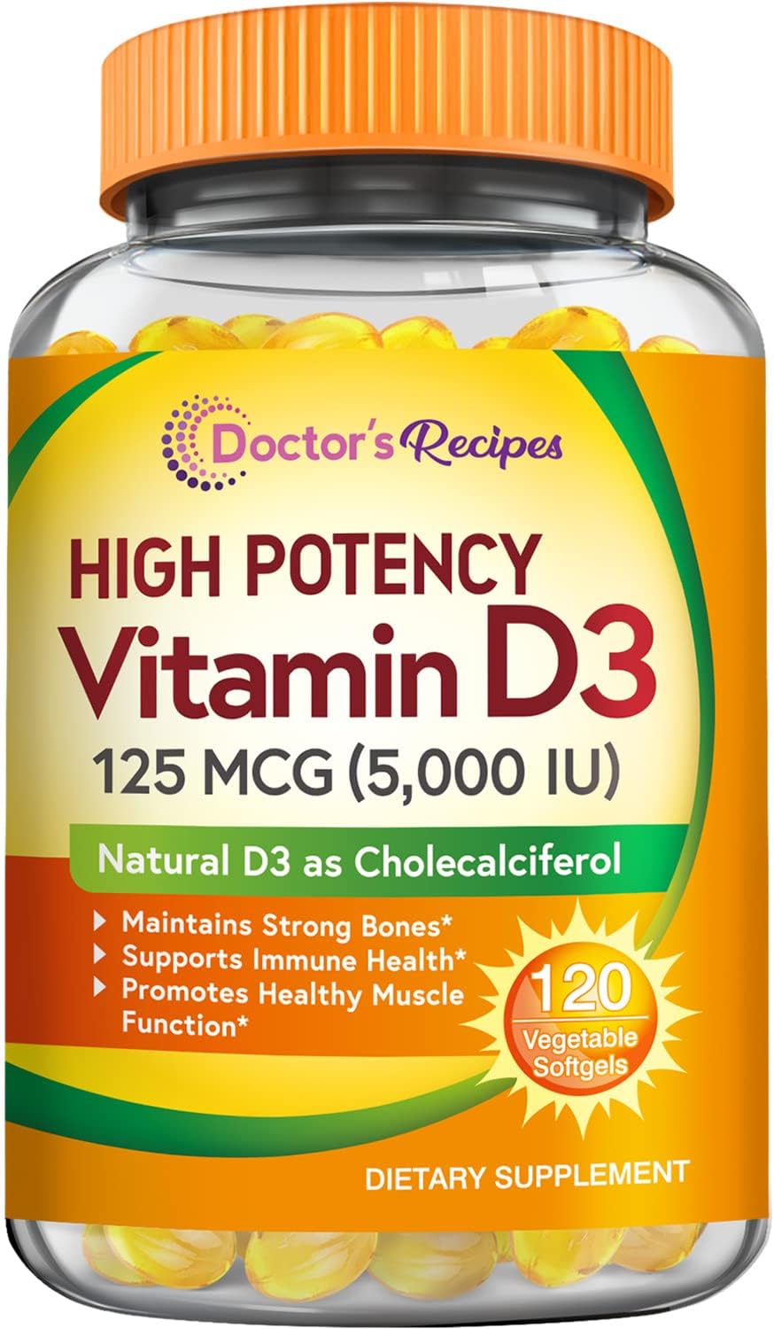 Doctor's Recipes Vitamin D3 5000IU, Immune Support for Bones- 120 softgels