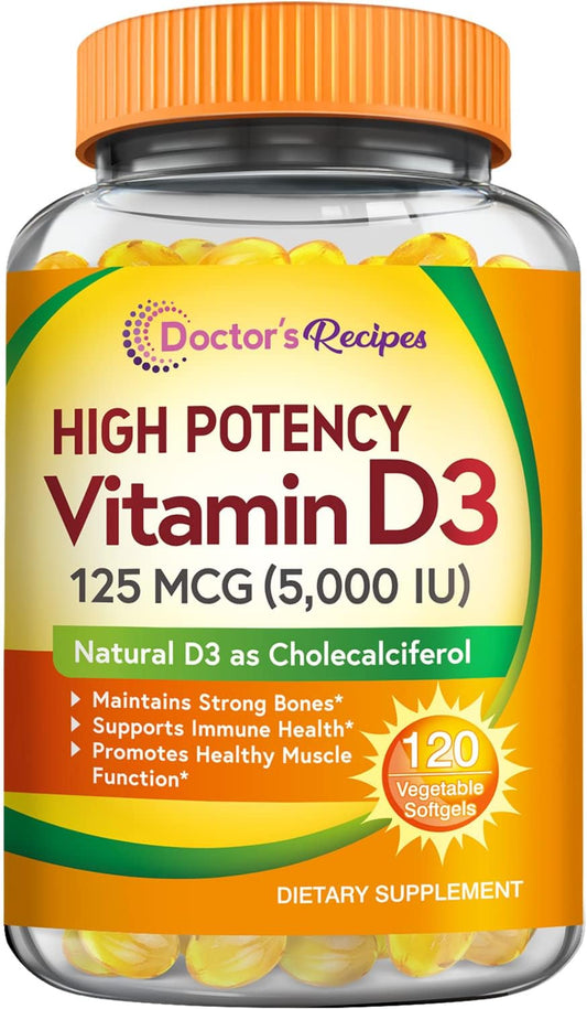 Doctor's Recipes Vitamin D3 5000IU, Immune Support for Bones- 120 softgels