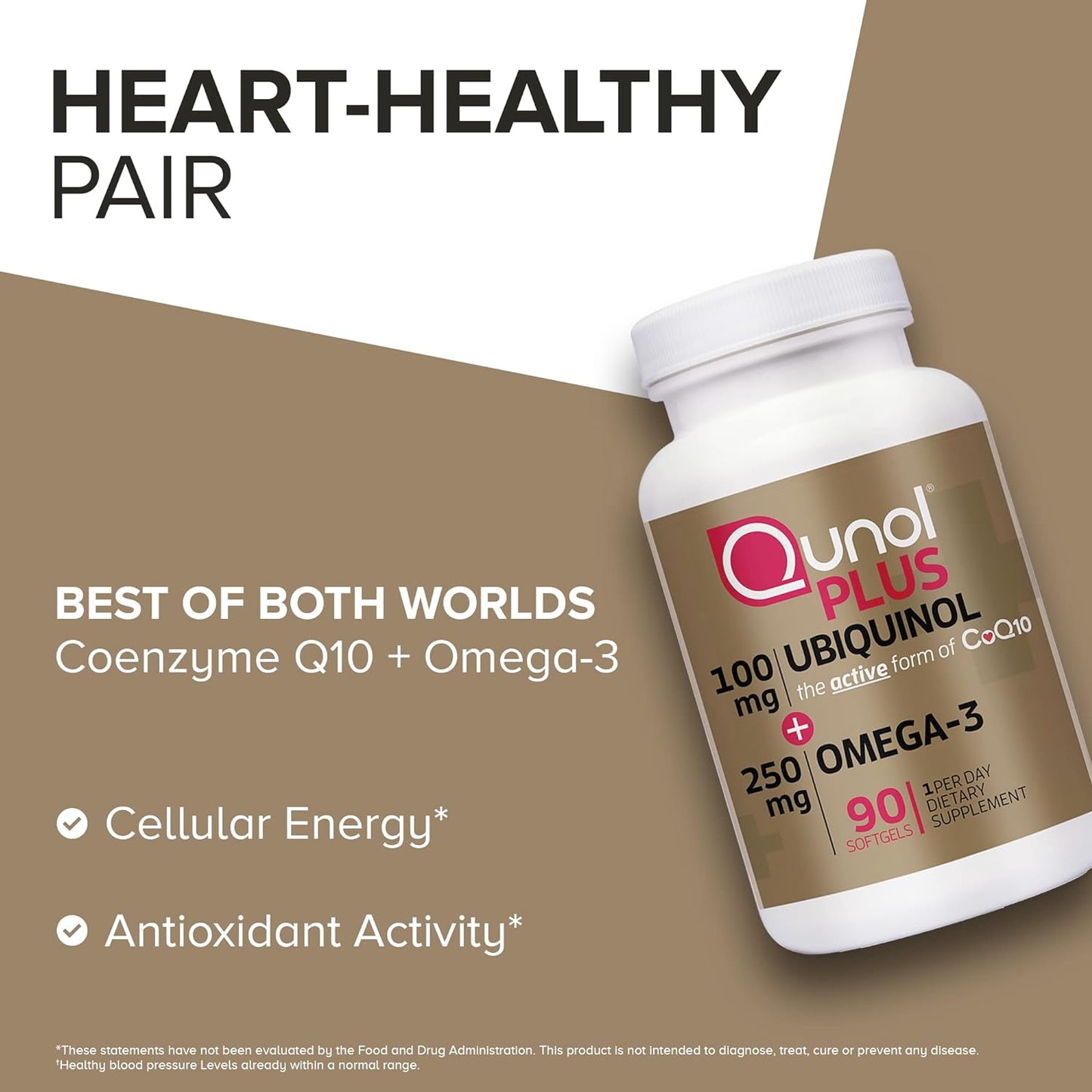 Qunol Plus Ubiquinol + Omega 3, Ubiquinol CoQ10 100mg with 250mg