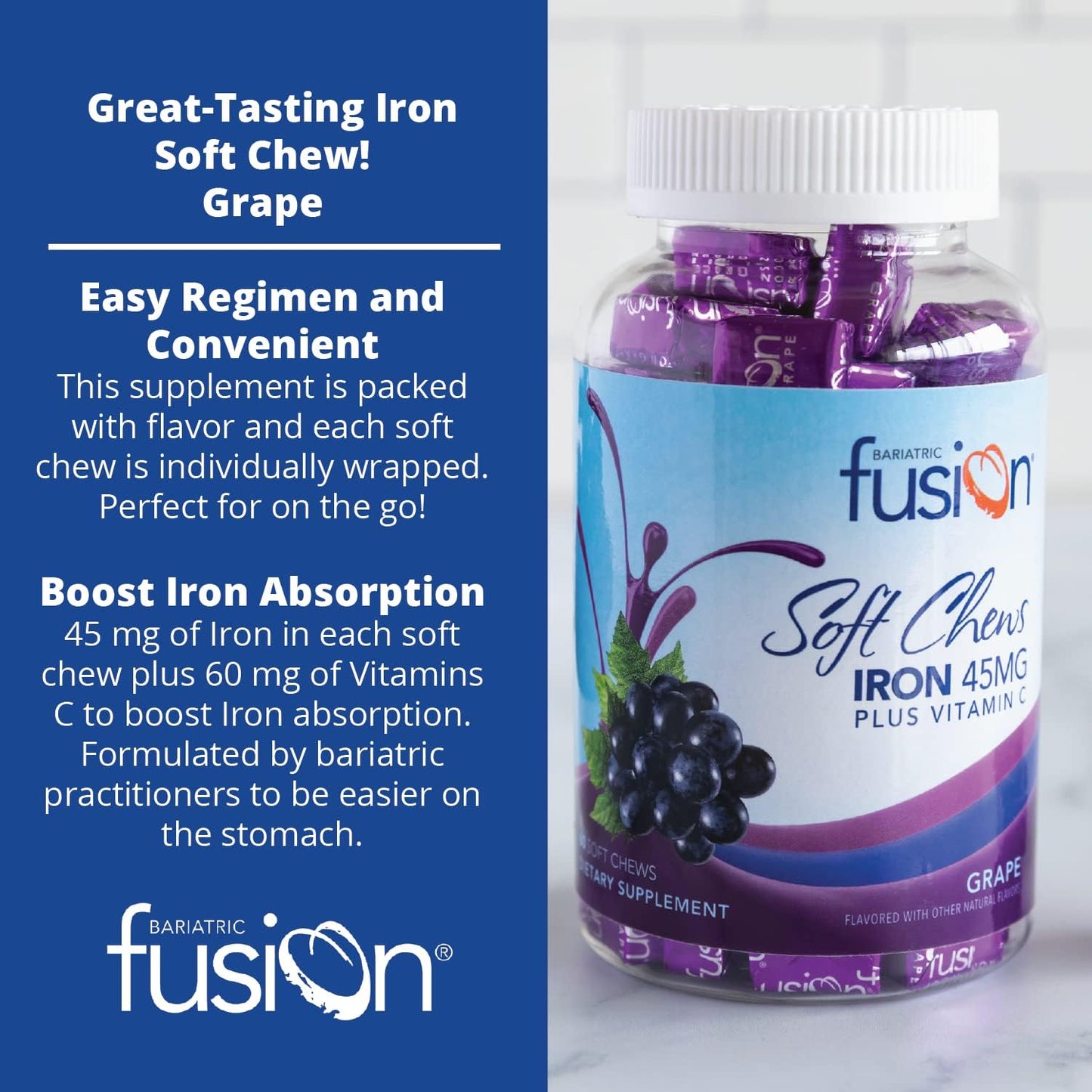 Bariatric Fusion Iron Soft Chew with Vitamin C Grape Flavored - 60 Count