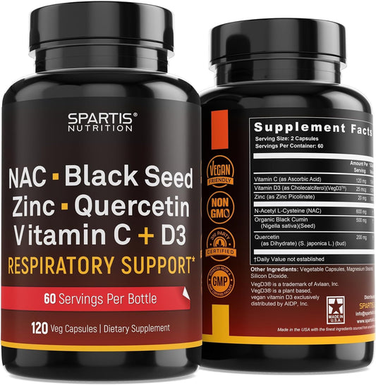 NAC 600mg Black Seed 500mg Zinc Picolinate Quercetin Vitamin C Vitamin D3 Respiratory Support- 120 capsules