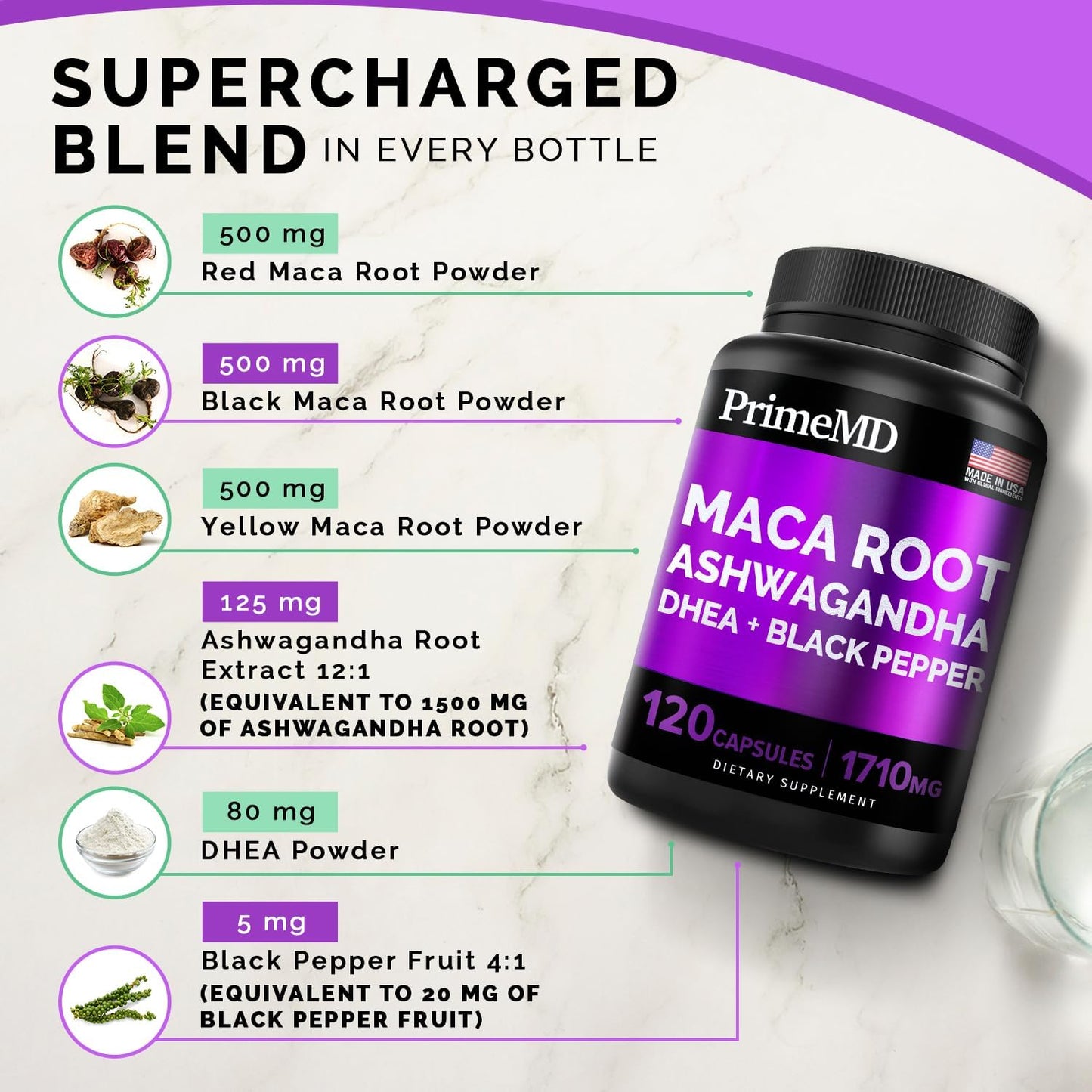 6-in-1 Organic Maca Root & Ashwagandha  120 Capsules