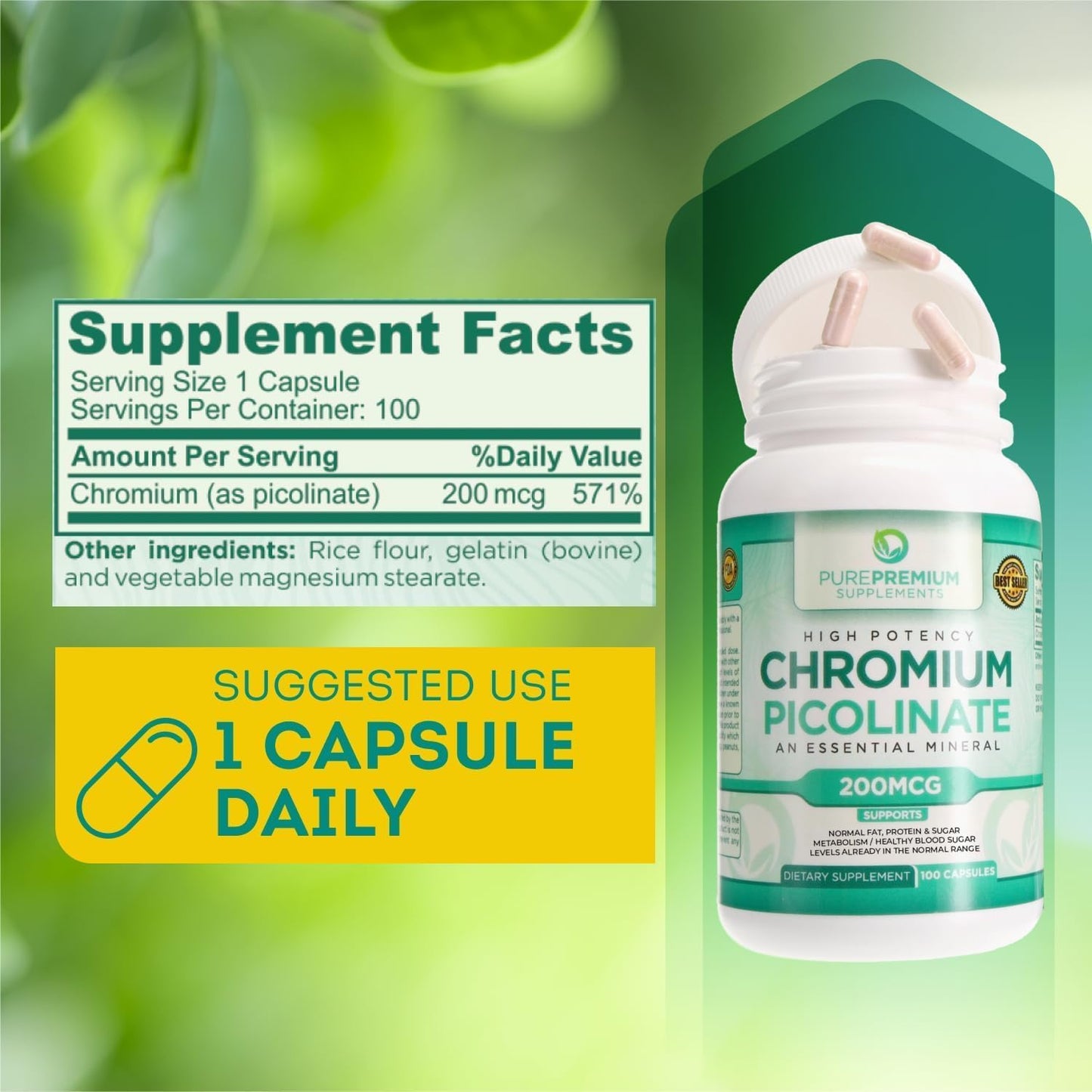 PurePremium Chromium Picolinate 200mcg 100 Capsules