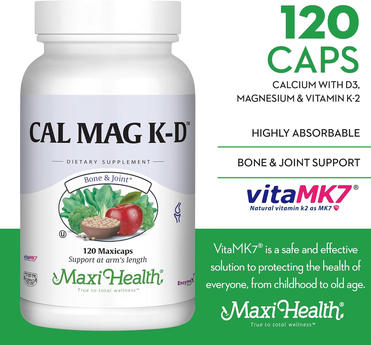 500 mg Calcium Supplement with Vitamin D3 (2000 IU), Magnesium (250 mg) and Vitamin K2 (150 mcg) -  120 Capsules