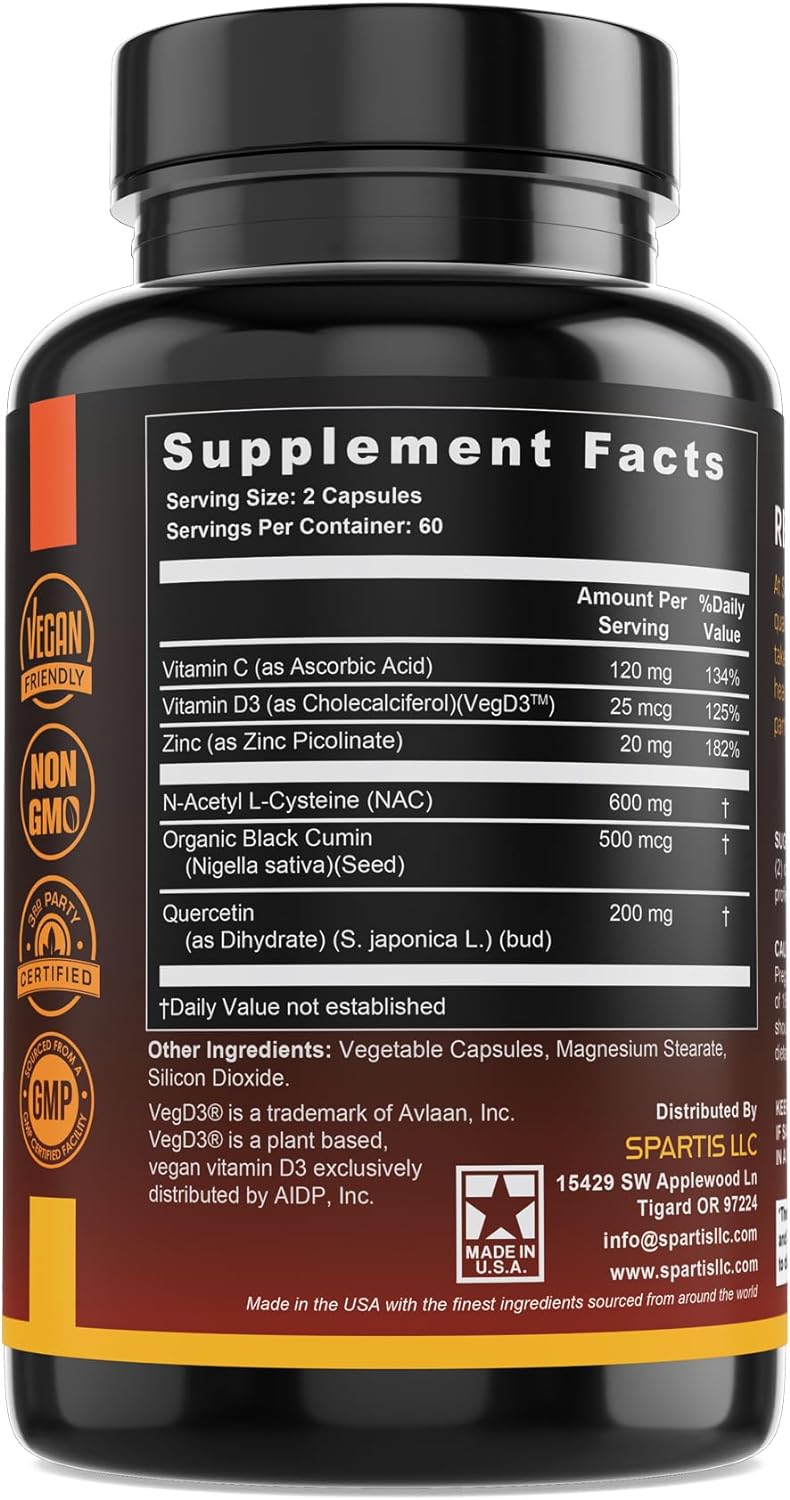 NAC 600mg Black Seed 500mg Zinc Picolinate Quercetin Vitamin C Vitamin D3 Respiratory Support- 120 capsules