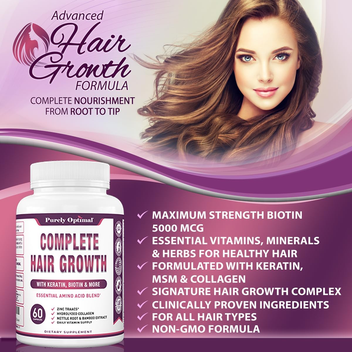 Premium Hair Growth Vitamins w/Biotin & Keratin  60 Capsules